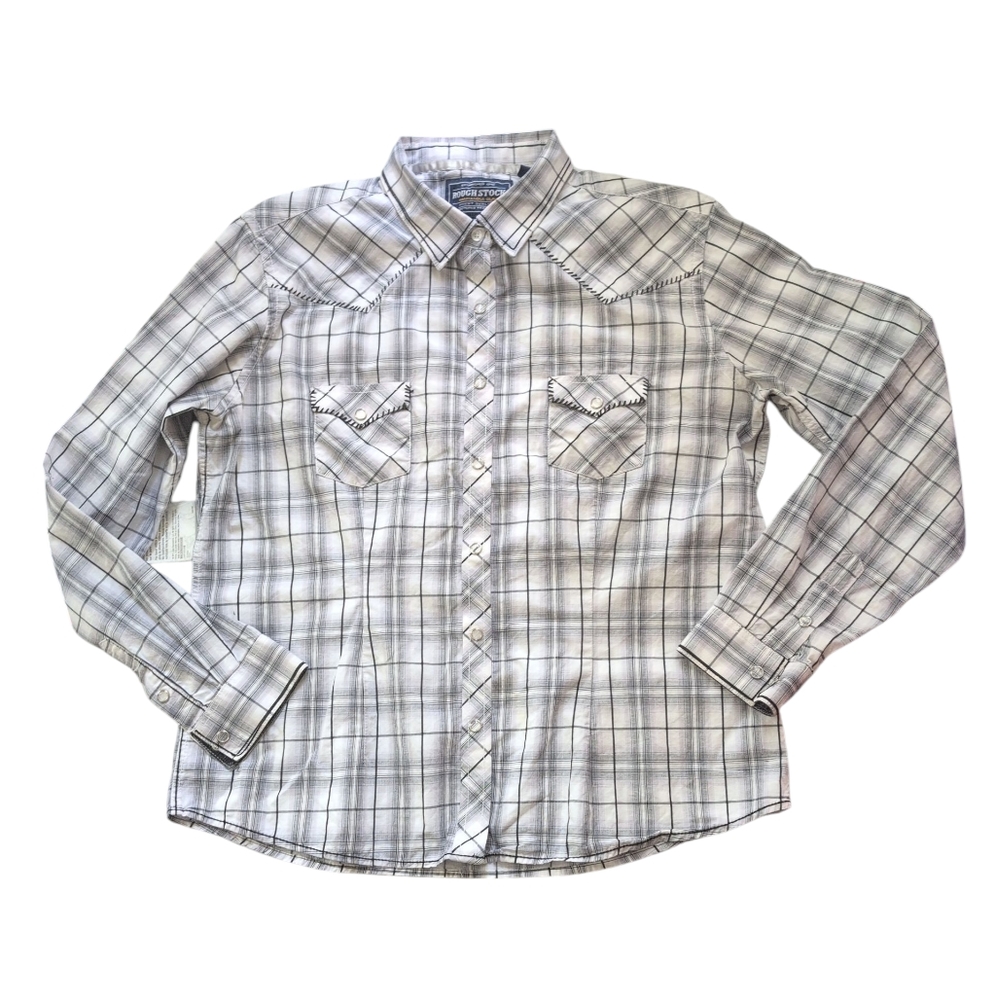 Rough Stock by Panhandle Slim Shirt Womens L White/Grey Plaid Pearl Snap Western